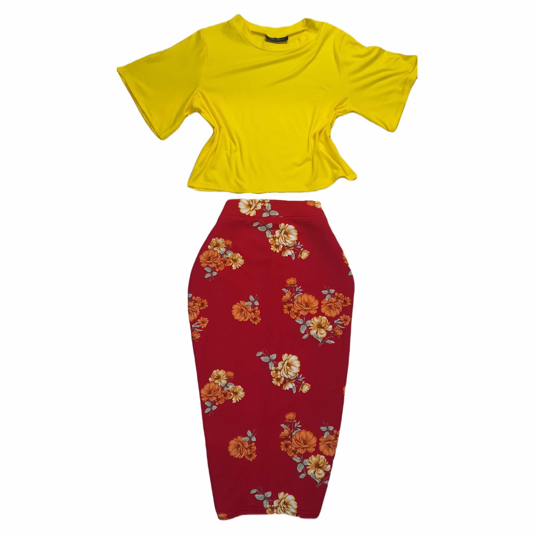 Set Of Short Blouse With Round Neck And Floral Pencil Skirt
